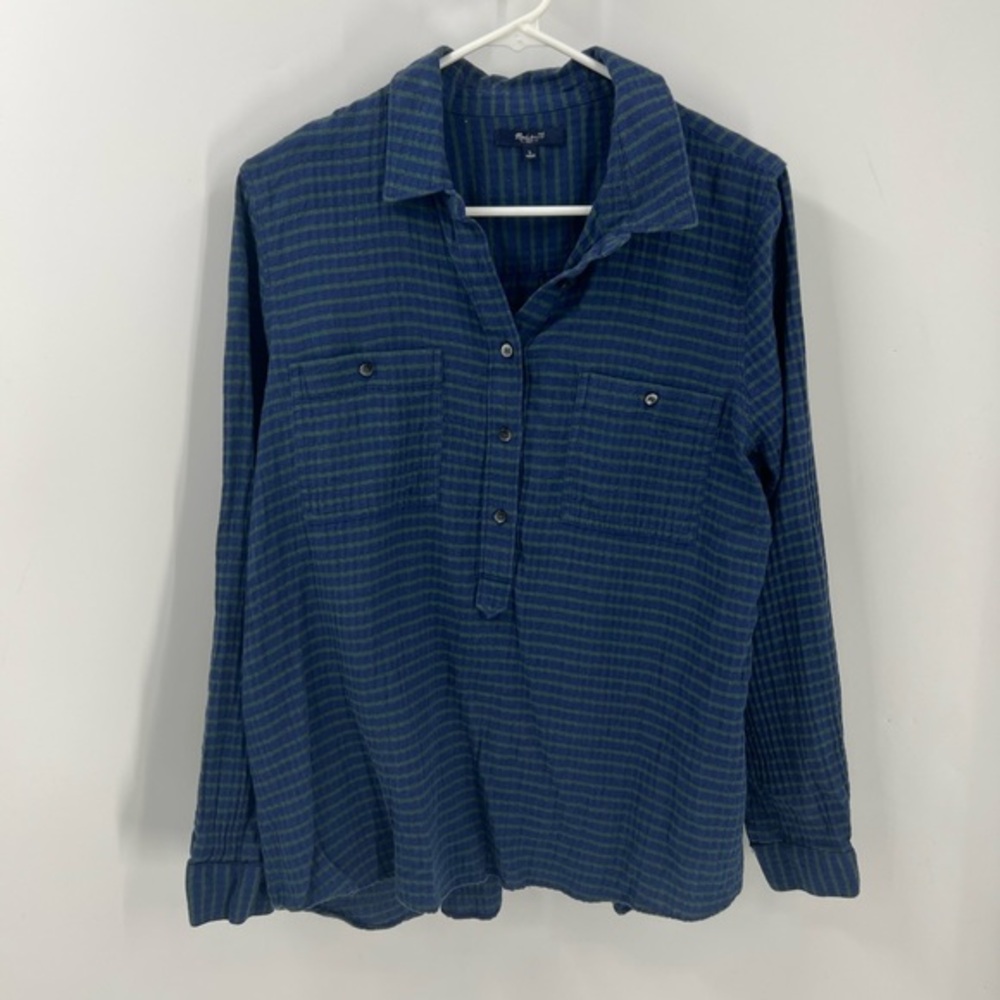 Madewell, green/blue stripe pop over half button top L